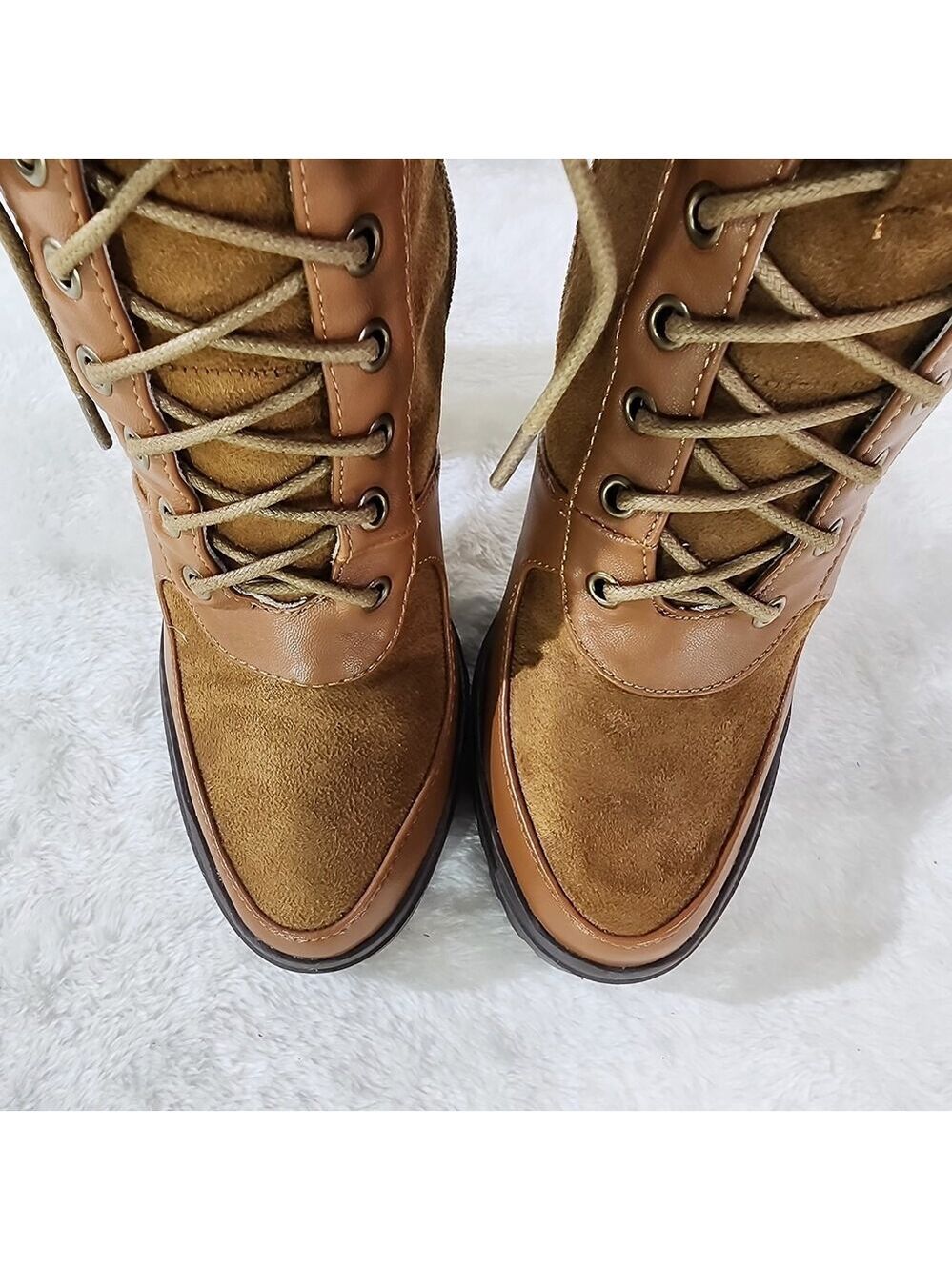 NIB Park Ave Brown / Tan Faux Suede Chunky Platform High Heel Ankle Boots - Picture 6 of 12